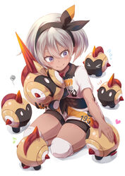  &gt;_&lt; ^^^ bad_id bad_pixiv_id bea_(pokemon) black_bodysuit black_hairband black_ribbon blue_eyes bodysuit bodysuit_under_clothes closed_mouth clothes_writing crop_top dark-skinned_female dark_skin eighth_note falinks female flying_sweatdrops gloves hair_ribbon hairband headpat heart highres holding knee_pads kneeling musical_note orange_gloves pokemon pokemon_(creature) pokemon_swsh ribbon ringed_eyes short_hair short_sleeves shorts simple_background single_glove smile squiggle white_background white_eyes white_hair white_shorts yue_(lov_n_n) 