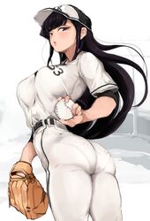  1girls ass baseball baseball_cap baseball_glove baseball_mitt baseball_uniform black_eyes black_hair boobs_and_butt_pose dat_ass female female_focus female_only holding komi-san_wa_komyushou_desu komi_shouko large_breasts long_hair looking_back mamimi_(artist) solo_female white_background 