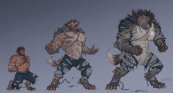  2026 abs absurd_res after_transformation anthro blue_eyes bodily_fluids body_hair bottomwear bound breath breathing broken_chain brown_hair button_(fastener) button_pop canid canine chained chains chest_hair chest_tuft claws clenched_teeth clothed clothing colored crotch_tuft cuff_(restraint) digital_drawing_(artwork) digital_media_(artwork) digitigrade emanata fangs featureless_crotch fist fur furrowed_eyebrows grey_body grey_fur hair hi_res hugtak light_body light_skin male mammal mane muscular muscular_anthro muscular_male mythological_canine mythological_creature mythology navel pants restraints saliva saliva_string sequence shaded solo stripes tail tan_body tan_fur teeth three_frame_image three_frame_sequence tongue topless torn_bottomwear torn_clothing torn_pants transformation transformation_sequence tuft wardrobe_malfunction werecanid werecanine werecreature werewolf whisker_spots 