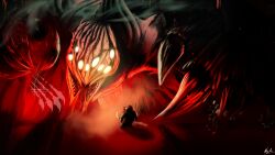  16:9 absurd_res ambiguous_gender anthro bone canid canid_demon canine claws demon duo eldritch_abomination english_text feral hellhound hi_res itsmapledoe kaiju macro mammal metroid monster mythological_canine mythological_creature mythology nintendo rock skull smoke text widescreen 