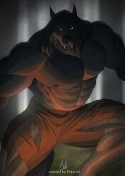  2025 abs anthro artist_name bioluminescence bioluminescent_eyes black_body black_fur bottomwear canid canine clothed clothing colored digital_drawing_(artwork) digital_media_(artwork) forest fur glowing hi_res leaf light lighting male mammal mane muscular muscular_anthro muscular_male mythological_canine mythological_creature mythology nipples outside pants pecs plant potariel14 shaded signature solo teeth text topless torn_bottomwear torn_clothing torn_pants tree van_helsing warm_light werecanid werecanine werecreature werewolf 