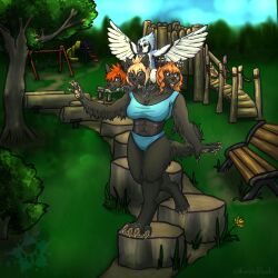  1:1 2026 3_heads 4_fingers absurd_res anthro avian bangs barefoot beak belly_nipples bench big_breasts biped bird black_body black_eyebrows black_fur black_markings black_nose black_tail blue_body blue_bra blue_clothing blue_eyes blue_feathers blue_jay blue_sky blue_sports_bra blue_underwear bojan_darkbeak bra breasts brown_claws brown_pawpads canid canid_demon canine cerbelle_trimaktikos cerberus cheek_scar claws cleavage closed_smile clothed clothed_anthro clothed_female clothing cloud cloudy_sky colored corvid day demon digital_drawing_(artwork) digital_media_(artwork) duo english_description etherealpanda european_mythology eyebrow_through_hair eyebrows facial_markings facial_scar fangs feathered_wings feathers feet female female_anthro feral fingers flower fluffy fluffy_ears fluffy_tail forest fully_clothed fully_clothed_anthro fully_clothed_female fur grass greek_mythology grey_beak grey_talons hair hair_over_eye hand_pawpads happy head_markings hellhound hi_res jay_(bird) jungle_gym larger_anthro larger_female light lighting lips long_hair male male/female male_feral mammal markings midriff mouth_closed multi_head multicolored_body multicolored_feathers multicolored_wings muscular muscular_female mythological_canine mythological_creature mythology new_world_jay nipples nude nude_male open_beak open_mouth open_smile orange_eyebrows orange_hair oscine outside park park_bench passerine path pawpads paws pink_nipples pink_scar pink_tongue plant red_lips scar shaded short_hair shrub sitting sitting_on_another sitting_on_shoulders size_difference sky slide smaller_feral smaller_male smile smiling_at_another smiling_at_partner spiky_hair sports_bra swingset tail talons teeth thick_eyebrows thick_thighs toes tongue translucent translucent_hair tree underwear walking wavy_hair white_body white_feathers white_sclera white_wings wing_markings wings yellow_flower 