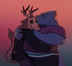  andro_(andrefil360) anthro antlers aquatic belly_peeking_out belt bone claws clothing crocust deer deer_demon demon duo facial_piercing fin fin_piercing fish fluffy furgonomic_piercing furgonomics hand_on_chin happy hi_res horn hug hugging_another kissing lgbt_pride looking_at_another male male/male mammal max_upshur nose_piercing nose_ring overweight overweight_male piercing pride_colors ring_piercing shark shirt skull skull_head skull_symbol smile smiling_at_another smiling_at_partner t-shirt tail tail_tuft topwear tuft vincian_pride_colors 