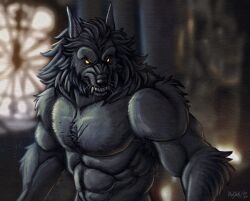  2026 abs anthro bioluminescence bioluminescent_eyes black_body black_fur black_mane blurred_background canid canine chest_scar clenched_teeth colored digital_media_(artwork) digital_painting_(artwork) draw_over fangs fur furrowed_eyebrows glowing hi_res hugtak inside light lighting male mammal mane muscular muscular_anthro muscular_male mythological_canine mythological_creature mythology painting_(artwork) pecs scar scratches shaded solo standing teeth van_helsing werecanid werecanine werecreature werewolf yellow_eyes 