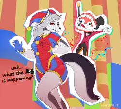  absurd_res ambiguous_gender amylith anthro caine_(tadc) caine_censorship canid canid_demon canine canis censor_bar censored_speech censored_text crossover demon duo english_text female glitch_productions grawlixes hellaverse hellhound helluva_boss heterochromia hi_res humanoid loona_(helluva_boss) male mammal mythological_canine mythological_creature mythology surprised tail text the_amazing_digital_circus wolf 