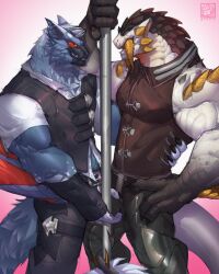  absurd_res anthro barioth big_muscles blue_body blue_fur capcom duo eye_contact fangs flying_wyvern fur greninjazz grin hi_res looking_at_another male male/male manly monster_hunter muscular muscular_anthro muscular_male nargacuga pole sabertooth_(anatomy) scalie smile spiked_tail spikes spikes_(anatomy) tail teeth 