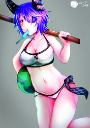  arkfield artist_name artist_self-insert bare_shoulders bikini blush bokken breasts cleavage collarbone commentary_request dated eyepatch female food grey_background headgear highres kantai_collection large_breasts left-handed looking_at_viewer navel official_alternate_costume over_shoulder popsicle purple_hair short_hair solo swimsuit sword tenryuu_(kancolle) tenryuu_(swimsuit_mode)_(kancolle) weapon weapon_over_shoulder white_bikini wooden_sword yellow_eyes 