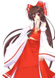  :d ascot bad_id bad_pixiv_id bow brown_hair detached_sleeves female hair_tubes hairbow hakurei_reimu hand_on_own_hip long_hair looking_at_viewer niboss open_mouth red_bow red_eyes red_skirt skirt smile solo touhou transparent_background very_long_hair wide_sleeves 