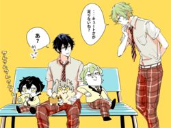  4boys bad_id bad_twitter_id bench bkub_(style) black_hair burrito chibi eating ensemble_stars! green_hair looking_at_another male_focus multiple_boys nishi_(syukyo) ogami_koga oogami_koga_(wolf) pants plaid plaid_pants reimei_school_uniform sazanami_jun school_uniform short_hair simple_background tomoe_hiyori wolf yellow_background 