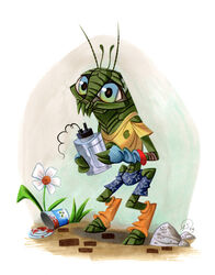  absurd_res alien ambiguous_gender arthropod blue_eyes bottomwear can clothing container district_9 flower fuse gantzcraziness grass hi_res insects leg_warmers legwear little_cj male monotone_clothing monotone_leg_warmers monotone_legwear orange_clothing orange_leg_warmers orange_legwear plant prawn_(district_9) print_clothing shirt shorts simple_background solo star_print topwear white_background young 