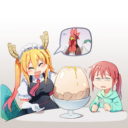  2girls :d ^_^ blush breasts chinese_commentary closed_eyes cockatrice collared_shirt commentary_request crossover disgust dragon_girl dragon_horns dragon_tail egg egg_yolk fork glasses gloom_(expression) gloves gradient_background head_tilt holding holding_fork holding_knife hood hoodie horns knife kobayashi-san_chi_no_maidragon kobayashi_(maidragon) large_breasts large_tail little_witch_academia long_hair long_sleeves maid maid_headdress motion_lines multiple_girls necktie open_mouth parted_lips photoshop_(medium) ponytail puffy_short_sleeves puffy_sleeves red_hair red_necktie rimless_eyewear scales season_connection shirt short_sleeves sitting smile speech_bubble tail tohru_(maidragon) twintails wavy_mouth white_gloves white_shirt wing_collar xin_yu_hua_yin 