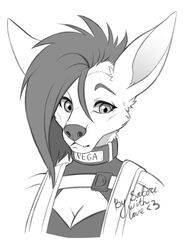  anthro breasts bust_portrait canid canine canis cleavage clothed clothing collar coyote english_text female fur greyscale hair heart_symbol hi_res jessica_vega mammal monochrome portrait satoriushiro side_cut simple_background snout solo text text_on_collar white_background 