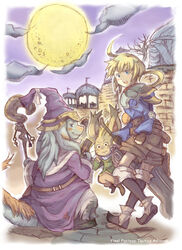  1boy bad_id bad_pixiv_id belt blonde_hair brick city cloud commentary_request ezel_berbier final_fantasy final_fantasy_tactics_advance full_moon grin hat looking_back marche_radiuju montblanc moogle moon nu_mou shorts smile staff sukao 