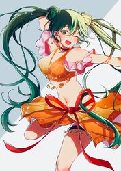  arm_up choker commentary_request dancer double_bun earrings female fire_emblem fire_emblem:_genealogy_of_the_holy_war green_eyes green_hair hair_bun highres jewelry leg_up long_hair midriff navel nekolook one_eye_closed open_mouth red_ribbon ribbon silvia_(fire_emblem) simple_background solo thigh_strap twintails 