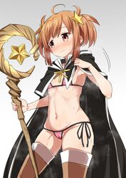  absurdres bad_id bad_twitter_id bikini boots brown_footwear brown_hair cape cowboy_shot female grey_background hair_ornament highres kirara_(kirara_fantasia) kirara_fantasia kounosu_satori looking_away micro_bikini pink_bikini short_twintails side-tie_bikini_bottom simple_background solo staff star_(symbol) star_hair_ornament steam sweat swimsuit thigh_boots thighhighs twintails 