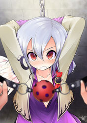  aozora_market applying_gag arms_behind_head ball_gag blush bound bound_wrists chains clenched_teeth collarbone commentary_request female gag holding holding_gag kishin_sagume looking_at_viewer red_eyes single_wing solo_focus sweatdrop teeth touhou ungagged white_hair wiffle_gag wings 