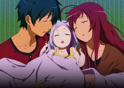  1boy 2girls arras_ramus bad_id bad_pixiv_id blanket blue_hair brown_hair closed_eyes family hataraku_maou-sama! inuzuka_bouru lolicon long_hair maou_sadao multiple_girls purple_hair short_hair sleeping spoilers yusa_emi 