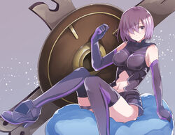  arm_support armor armored_dress black_gloves black_thighhighs boots breasts cleavage closed_mouth clothing_cutout commentary_request elbow_gloves fate/grand_order fate_(series) female gloves grey_background hair_over_one_eye hand_up highres knees_together_feet_apart large_breasts looking_to_the_side lord_camelot_(fate) mash_kyrielight meganei navel navel_cutout pillow purple_eyes purple_hair shield short_hair simple_background sitting smile solo thigh_strap thighhighs thighs 