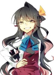  bad_id bad_twitter_id black_hair female grin hand_on_own_hip kantai_collection long_hair multicolored_hair naganami_(kancolle) pink_hair smile solo uniform very_long_hair yarawi yellow_eyes 