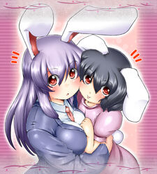  2girls animal_ears bad_id bad_pixiv_id black_hair futaba_suetsuki hug inaba_tewi long_hair multiple_girls purple_hair rabbit_ears rabbit_girl rabbit_tail red_eyes reisen_udongein_inaba short_hair tail tongue touhou 