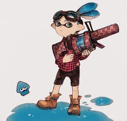  .96_gal_(splatoon) 1boy blue_hair boots brown_footwear commentary_request goggles goggles_on_head green_eyes inkling inkling_boy inkling_player_character maeka_(kumaekake) male_focus paint plaid plaid_shirt pointy_ears shirt shorts solo splatoon_(series) splatoon_1 squid super_soaker tan_work_boots_(splatoon) tentacle_hair tied_hair work_boots 