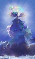  2018 3:5 absurd_res alicorn cloud divlight equid equine feathered_wings feathers female feral flying friendship_is_magic fur hair hasbro hi_res horn jewelry looking_up magic mammal multicolored_hair my_little_pony mythological_creature mythological_equine mythology necklace outside princess_celestia_(mlp) royalty sky solo spread_wings white_body white_feathers white_fur wings 