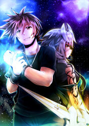  1boy arkfield back-to-back blade commentary_request cross female glowing glowing_hand glowing_weapon grin highres jewelry kadenz_fermata//akkord:fortissimo necklace photoshop_(medium) schwertleite_freya short_hair sky smile star_(sky) starry_sky tattoo weapon wristband yoshino_reiji 