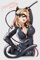  absurdres animal_ears arm_behind_head belt blonde_hair boku_no_hero_academia breasts brown_eyes cat_ears catwoman catwoman_(cosplay) cleavage collarbone commentary_request cosplay domino_mask female hair_over_one_eye hand_on_own_hip highres large_breasts mask open_mouth skin_tight solo tail unzipped utsushimi_kemii yaobin_yang 