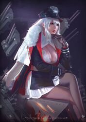  absurdres artist_name azur_lane black_legwear breasts brown_eyes chinese_commentary cleavage commentary_request crossed_legs dated fur_trim gloves graf_zeppelin_(azur_lane) hair_between_eyes hand_on_own_knee hat highres large_breasts lips lipstick long_hair looking_afar makeup mars_foong nose pantyhose partial_commentary peaked_cap silver_hair sitting solo 