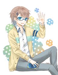  1boy bespectacled blue_eyes book brown_hair cardigan commentary_request glasses highres isaki_kaname jacket male_focus nagi_no_asukara solo waving whitebk 