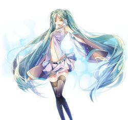  belt closed_eyes commentary_request detached_sleeves female green_hair hatsune_miku long_hair navel open_mouth rituiti skirt solo thighhighs twintails very_long_hair vocaloid 