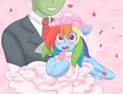  2018 adequality anon blue_body blue_fur blush bride clothing colored dress duo ende equid equine female feral flower friendship_is_magic fur hair hasbro hi_res human interspecies mammal multicolored_hair my_little_pony mythological_creature mythological_equine mythology pegasus petals plant rainbow_dash_(mlp) wedding_dress wings 