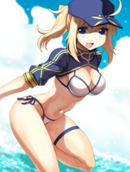  artoria_pendragon_(all) bikini blonde_hair blue_eyes breasts fate/grand_order fate_(series) female hat mysterious_heroine_xx_(foreigner) ponytail solo swimsuit white_bikini 