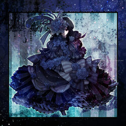  1boy :d aqua_background black_eyes black_footwear black_hair blue_border blue_dress blue_gloves blue_theme border bow commentary_request crossdressing dress dress_bow dress_flower elbow_gloves empty_eyes fascinator feathers flower frilled_dress frills full_body gloves gown hair_flower hair_ornament hat hat_feather hat_flower layered_dress long_dress long_hair looking_at_viewer male_focus one_eye_covered otoko_no_ko pd-x pixiv_automata puffy_sleeves ribbon rose skirt_hold sleeves_past_elbows smile smily solo standing striped_background striped_clothes striped_dress too_many too_many_frills veil 