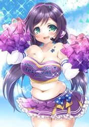  bare_shoulders breasts cheerleader commentary_request elbow_gloves female gloves green_eyes headset kokorominton large_breasts long_hair looking_at_viewer love_live! love_live!_school_idol_project midriff open_mouth plump pom_pom_(cheerleading) purple_hair skirt smile solo takaramonozu tojo_nozomi twintails 