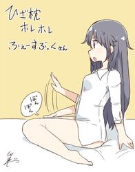  bad_id bad_twitter_id barefoot black_hair bottomless commentary_request dress_shirt facebook facebook-san female from_side lap lap_pillow_invitation long_hair long_sleeves patting patting_lap personification profile red_eyes shirt signature sitting solo translation_request tsukigi twitter-san white_shirt 