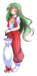  alphes_(style) ascot bare_arms blush breasts closed_mouth closed_umbrella collared_shirt commentary_request dairi eyebrows female frown full_body green_eyes green_hair half-closed_eyes highres kazami_yuuka kazami_yuuka_(pc-98) kioh_gyoku long_hair medium_breasts open_clothes open_vest pants parody plaid plaid_pants plaid_vest pocket puffy_short_sleeves puffy_sleeves red_pants red_vest seihou shirt short_sleeves socks solo standing style_parody tears touhou touhou_(pc-98) transparent_background umbrella vest white_shirt white_socks white_umbrella yellow_ascot 