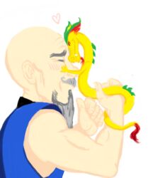  asian_mythology bald blush close_(disambiguation) closed_eyes dojo_kanojo_cho dragon duo east_asian_mythology eastern_dragon facial_hair fergerking fung goatee hair happy head_bump heart_symbol human interspecies legless male male/male mammal master_fung moustache mythological_creature mythological_scalie mythology red_hair scalie xiaolin_chronicles xiaolin_showdown yellow_body 