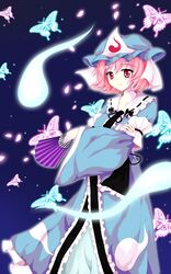  blush bug butterfly cherry_blossoms commentary_request female flan_(zhd91) folding_fan ghost hand_fan hat highres hitodama japanese_clothes petals photoshop_(medium) pink_eyes pink_hair saigyouji_yuyuko short_hair smile solo touhou triangular_headpiece 