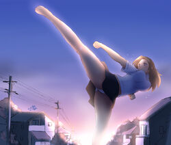  barefoot breasts brown_hair giantess high_kick house kick kicking kicking_thighs large_breasts long_hair martial_arts mitten school_uniform shirt sunset sweat_drop sweatdrop telephone_pole white_panites white_shirt 