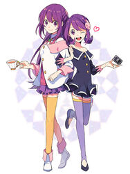  2girls ;d ankle_boots back-to-back bare_shoulders battle_spirits battle_spirits:_brave battle_spirits:_shounen_gekiha_dan boots brooch buttons card card_game clenched_hand commentary_request crossed_legs crossover cup dress drink dual_persona ebira flat_chest hair_ornament heart holding holding_card jewelry leg_lift legs light_smile locked_arms long_hair microskirt multiple_girls narrow_waist off_shoulder one_eye_closed open_clothes open_mouth open_shirt pinky_out pleated_skirt profile purple_eyes purple_hair purple_legwear scrunchie shinomiya_mai shirt shoes short_dress short_hair short_twintails sitting skirt sleeve_cuffs smile spoken_heart standing standing_on_one_leg tea teacup thighhighs time_paradox tiptoes turtleneck twintails viole_mai watson_cross yellow_legwear zettai_ryouiki 