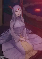  breasts byakugan commentary dress female grey_hair highres horns large_breasts long_hair looking_at_viewer moon moon_reflection naruto_(series) naruto_shippuuden night ootsutsuki_kaguya pale_skin parted_bangs parted_lips red_eyes red_moon reflection rinne_sharingan ripples rock seiza short_eyebrows sitting solo swordwaltz thick_eyebrows third_eye very_long_hair water 