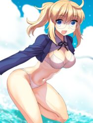  ahoge artoria_pendragon_(all) bikini blonde_hair blue_eyes bra breasts fate/grand_order fate_(series) female glasses mysterious_heroine_xx_(foreigner) panties ponytail solo swimsuit underwear white_panties 