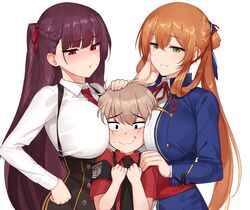  1boy 2girls age_difference bad_id bad_pixiv_id blunt_bangs blush braid breasts brown_hair commander_(girls&#039;_frontline) commentary_request embarrassed girl_sandwich girls&#039;_frontline green_eyes hair_ribbon hand_on_another&#039;s_head hand_on_another&#039;s_shoulder hand_on_own_hip height_difference highres huge_breasts korean_commentary little_boy_commander_(girls&#039;_frontline) lolicon long_hair looking_at_another looking_at_viewer multiple_girls ndgd one_side_up parted_lips ponytail purple_hair red_eyes ribbon sandwiched short_hair side_braid sidelocks simple_background smile springfield_(girls&#039;_frontline) straight sweatdrop underbust very_short_hair wa2000_(girls&#039;_frontline) wavy_mouth white_background 