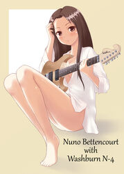  adjusting_hair bare_legs barefoot blush breasts brown_eyes brown_hair censored cleavage commentary_request convenient_censoring electric_guitar english_text feet female full_body genderswap_(mtf) guitar highres instrument kusaka_maichi long_hair medium_breasts naked_shirt no_bra no_panties nuno_bettencourt open_clothes open_shirt original rule_63 shirt simple_background sitting solo washburn white_shirt 