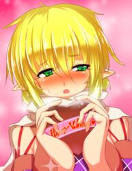  animated animated_png averting_eyes bad_id bad_pixiv_id blonde_hair blush candy chocolate commentary_request female food green_eyes half-closed_eyes heart heart-shaped_chocolate incoming_gift looking_at_viewer mizuhashi_parsee non-repeating_animation open_mouth pointy_ears solo sousakubito sparkle touhou upper_body valentine 