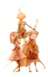  2boys ahoge arm_at_side armor armored_boots back belt black_legwear blonde_hair blue_eyes boots brown_hair cape closed_mouth commentary_request determined dress elbow_pads female final_fantasy final_fantasy_tactics_advance flat_chest frown gloves half-closed_eyes holding holding_weapon legs_apart legs_together long_hair long_sleeves looking_away looking_down luce-in-the-sky marche_radiuju mewt_randell multiple_boys outstretched_arm pantyhose pink_hair pointy_hair profile red_hair ritz_malheur short_sleeves shorts simple_background standing stuffed_animal stuffed_toy sword third_eye twintails weapon white_background 