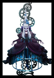  black_border black_feathers black_footwear blue_flower blue_rose blunt_bangs boots border bowing cage choker closed_mouth commentary_request crinoline cross-laced_footwear doll_joints dress facing_viewer feather_trim feathers female floating_hair flower full_body gears gown joints lace-up_boots long_hair mask odile pixiv_automata plant puff_and_slash_sleeves puffy_sleeves purple_choker purple_dress rinko_(mg54) rose silver_hair skull_mask solo standing straight-on supportasse thigh_boots vines white_background white_hair 