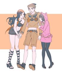  1boy 2girls animal_ears arm_hug bandana bear_ears black_eyes black_hair breasts cleavage commentary_request crop_top dixie_cup_hat fake_animal_ears groin hat higashikata_daiya higashikata_josuke_(jojolion) high_heels hood jojo_no_kimyou_na_bouken jojolion large_breasts long_hair midriff military_hat multiple_girls navel orange_eyes pantyhose reammara sailor_collar sakunami_karera shoes short_shorts shorts sneakers striped_clothes striped_pantyhose tooth_gap vertical-striped_clothes vertical-striped_pantyhose 