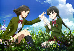  2girls absurdres black_eyes black_hair black_legwear blazer blush bow braid bug cloud day flower grass hair_ribbon highres imageboard_desourced jacket kneehighs kneeling ladybug long_hair multiple_girls nakamura_miyuki non-web_source nyantype official_art open_clothes open_jacket open_mouth outdoors plaid plaid_skirt rdg_red_data_girl ribbon school_uniform shiba_minako short_hair skirt sky socks souda_mayura suzuhara_izumiko twin_braids very_long_hair 